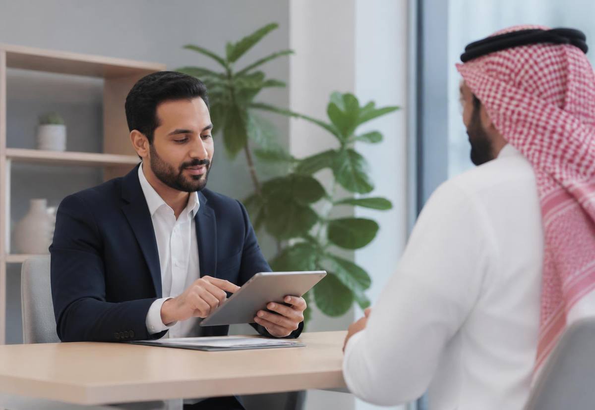 مستشار مالي يشرح خيارات التمويل العقاري والشخصي لعميل داخل مكتب رمز الحلول